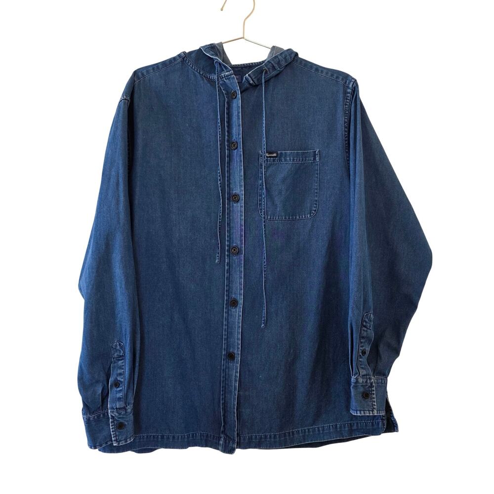 Faconnable Hooded Chambray Button Front Shirt Womens Medium Blue Cotton